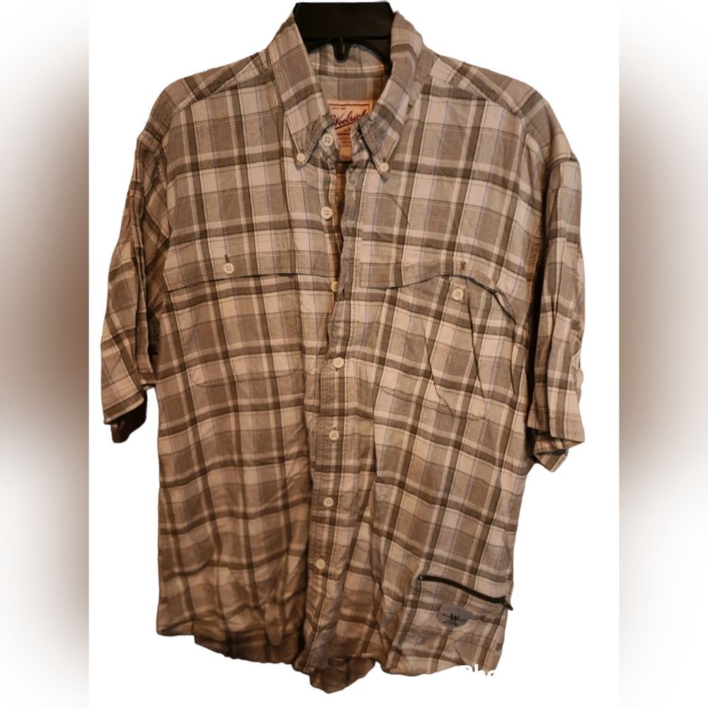 Woolrich orginal outdoor wear men's large stripe green short sleeve shirt